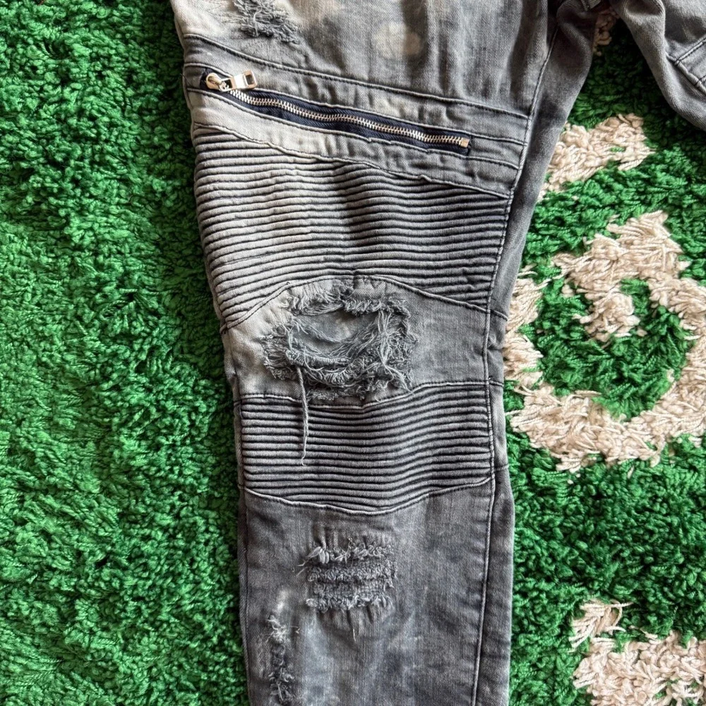 DOPE Mens Distressed Moto Biker Jeans Ribbed Denim Pants Size 38 - Picture 3 of 10